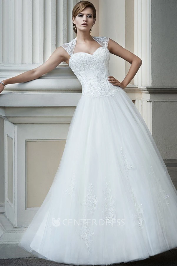A-Line Long Appliqued Queen-Anne Tulle&Lace Wedding Dress