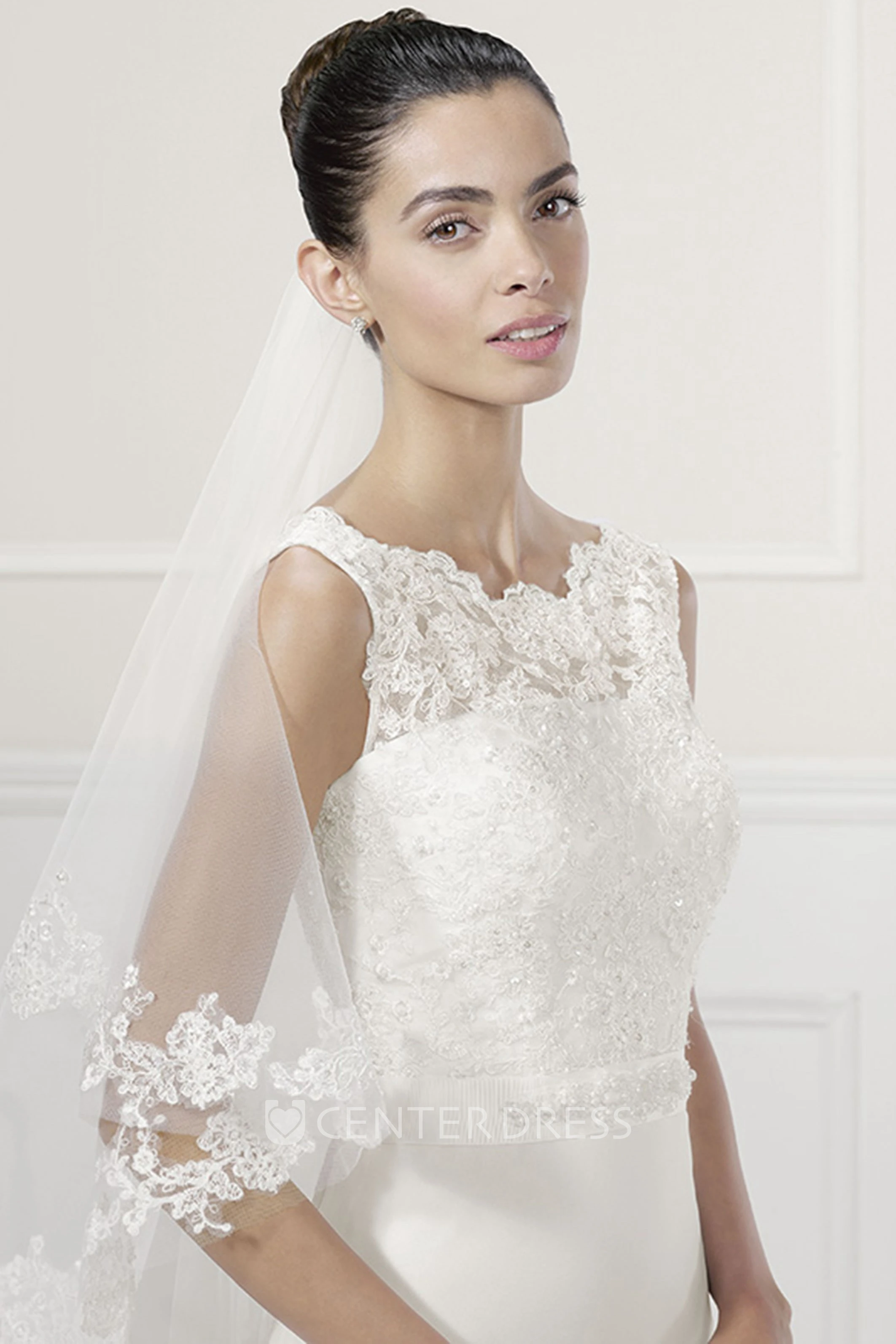 V Back Sequined Lace Top Sheath Bridal Gown With Sash