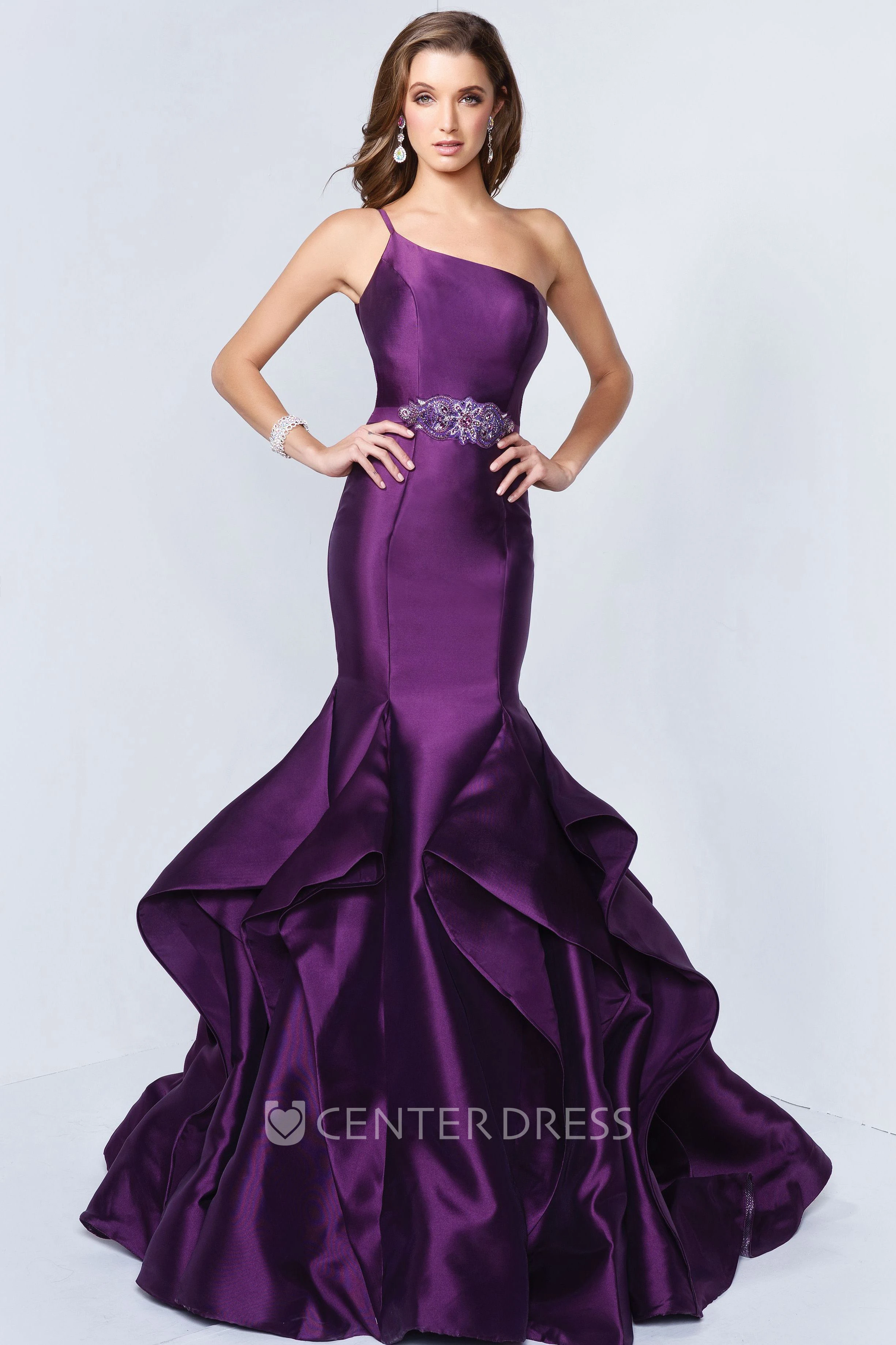 Trumpet One-Shoulder Sleeveless Satin Dress With Draping And Waist Jewellery
