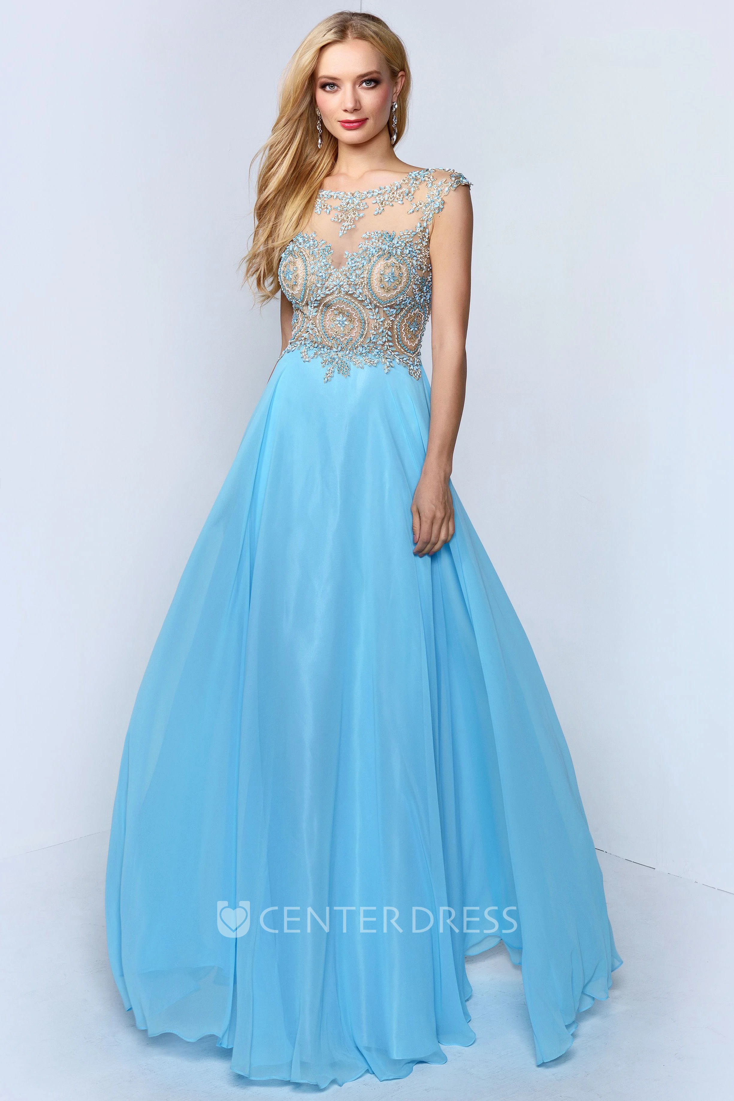 A-Line Maxi Bateau Sleeveless Low-V Back Dress With Beading And Pleats