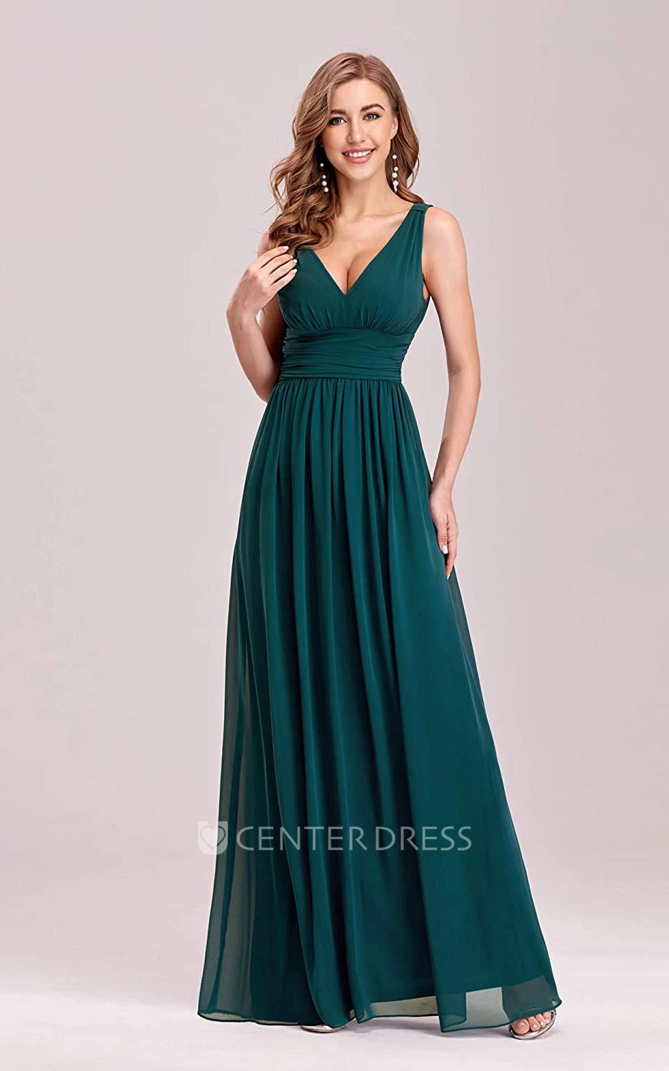 Romantic A Line Chiffon V-neck Sleeveless Prom Dress With Ruffles