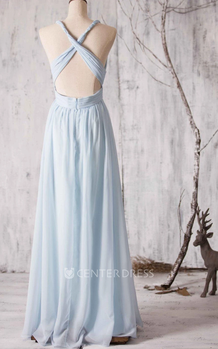 Spaghetti Straps Allover Pleated A-line Chiffon Long Dress Criss-cross Back