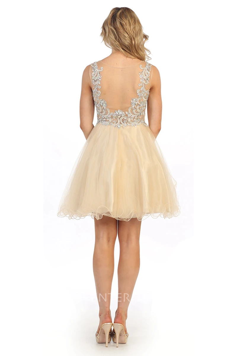 A-Line Short Bateau Empire Tulle Illusion Dress With Beading And Appliques