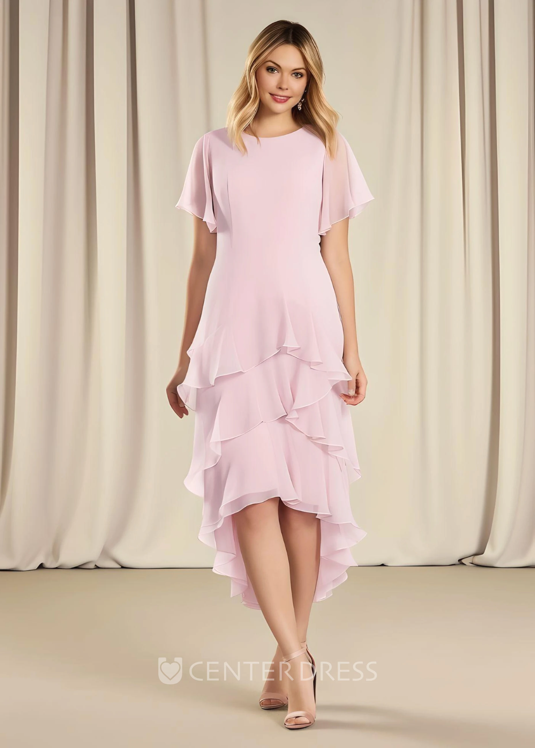 Casual Sheath Chiffon Mother of the Bride Dress Bateau Neck Ruffles High-Low Short Sleeves