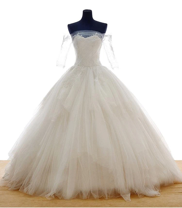 Lace Off Shoulder Long Sleeve Princess Style Bridal Ball Gown With Lace Up Back