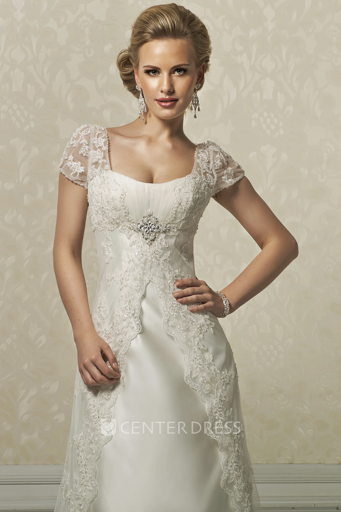 Sheath Long Cap-Sleeve Appliqued Square-Neck Satin&Lace Wedding Dress