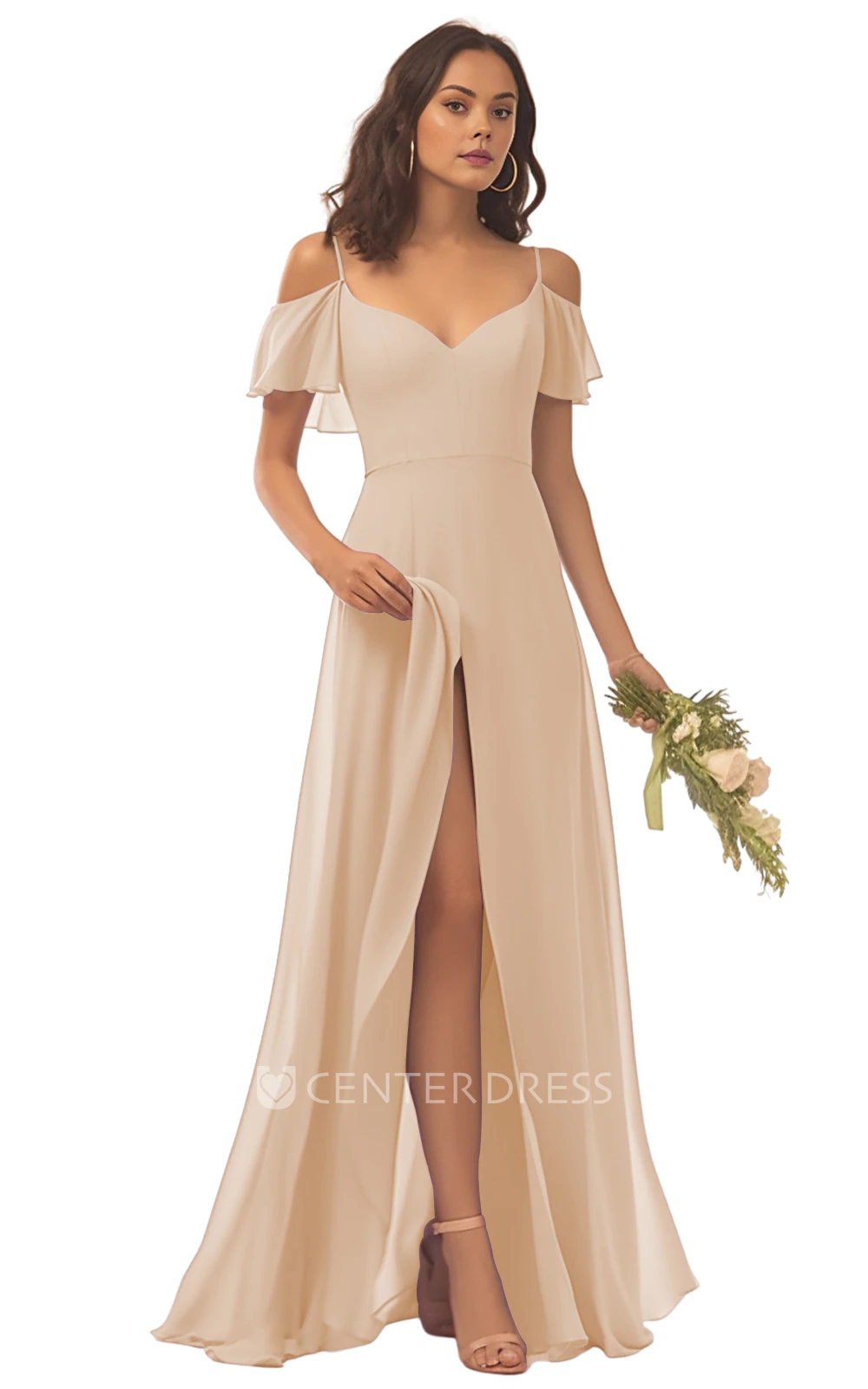 Spaghetti Chiffon Bridesmaid Dress with A-Line and Split Front Beautiful and Modern