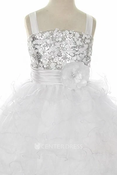 Bolero Ankle-Length Floral Sequins&Organza Flower Girl Dress With Ribbon