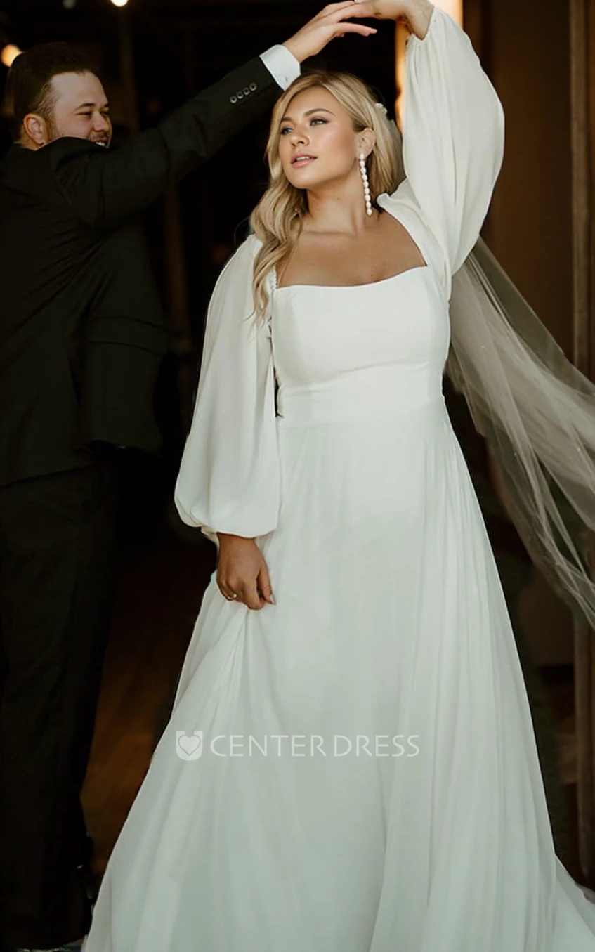 Modest Romantic A-Line Plus Size Spring Wedding Dress with Long Sleeve Simple Casual Charming Low Cut Square Neck Chiffon Train Bridal Gown