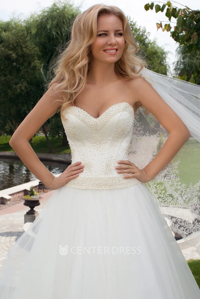 Floor-Length Sweetheart Beaded Tulle Wedding Dress With Brush Train And Lace Up