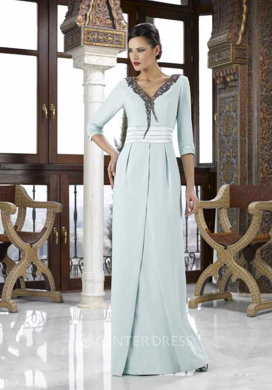Lace 3-4 Sleeve V-Neck Chiffon Mother Of The Bride Dress With Split Back