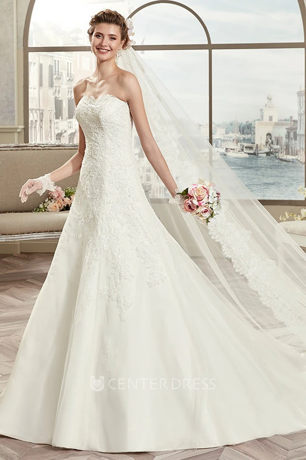Strapless A-Line Lace Bridal Gown With Open Back And Brush Train
