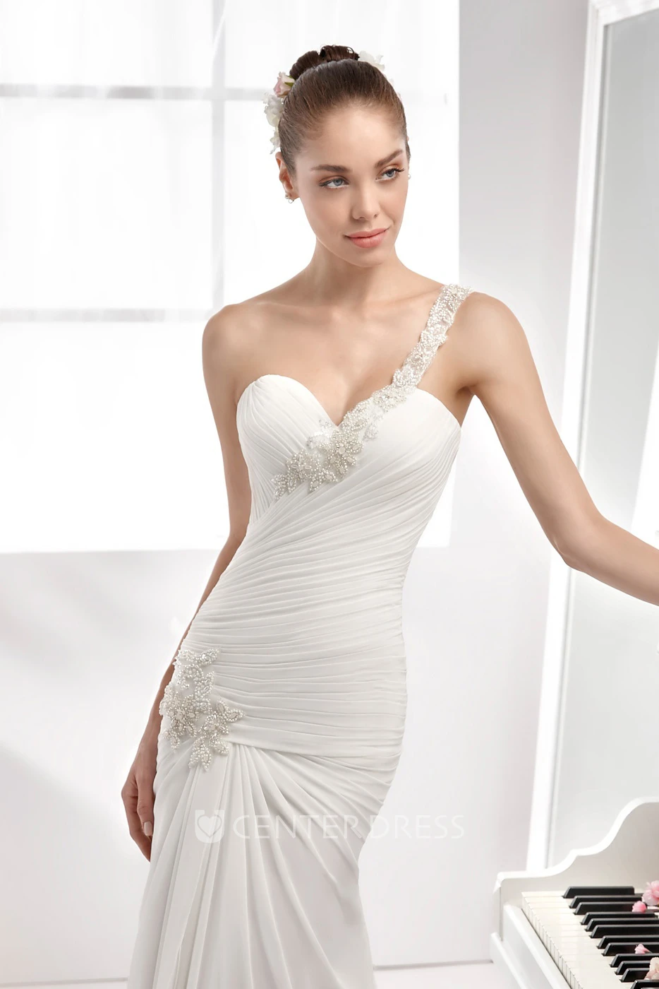 One-Strap Sheath Chiffon Wedding Dress With Side Draping And Pleated Details