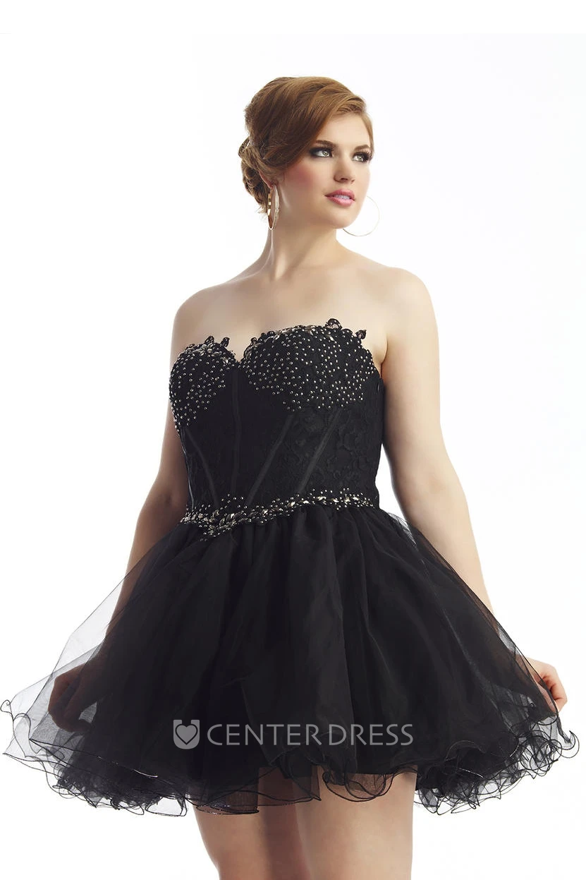 A-line Short Sweetheart Sleeveless Tulle Lace Appliques Beading Lace-up/Corset Back Dress
