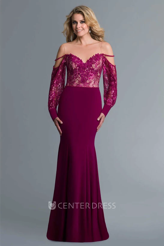 Sheath Off-The-Shoulder Balloon Long Sleeve Jersey Lace Illusion Dress