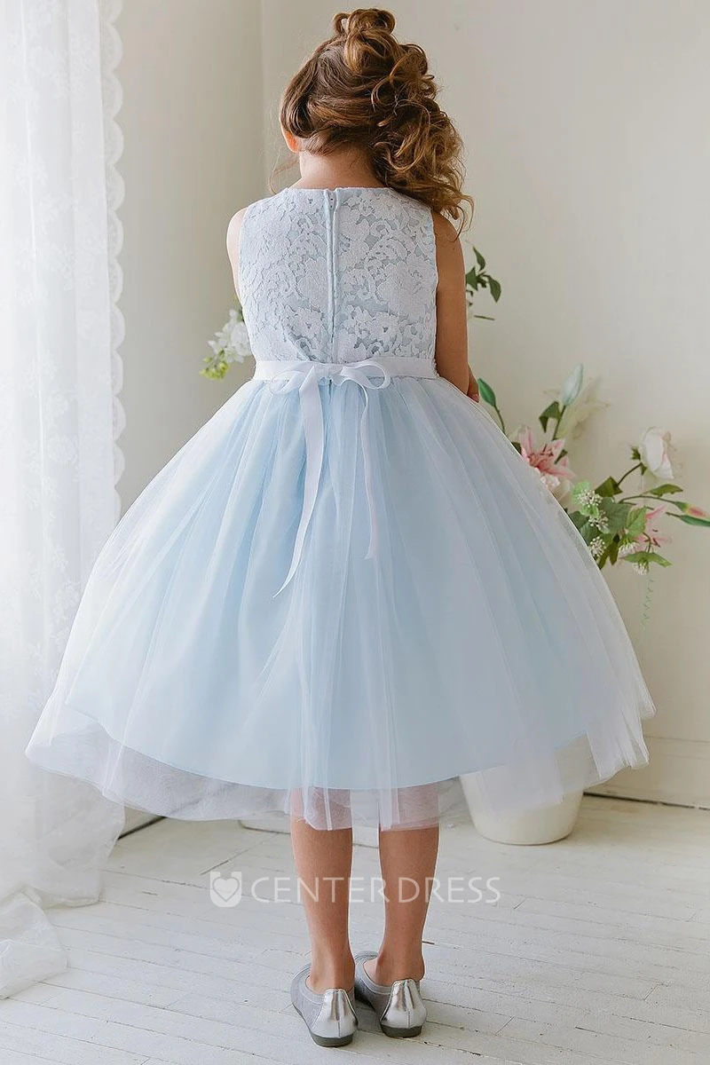 Floral Tea-Length Tiered Tulle&Lace Flower Girl Dress