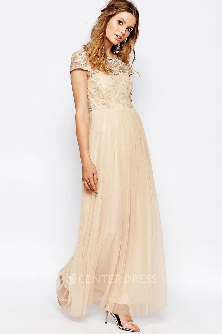 Ankle-Length Appliqued Scoop Neck Cap Sleeve Tulle Bridesmaid Dress