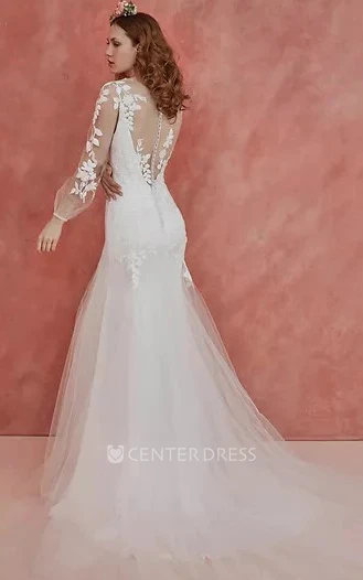 Romantic Trumpet Tulle Bateau Floor-Length Long Sleeve Wedding Dress With Appliques