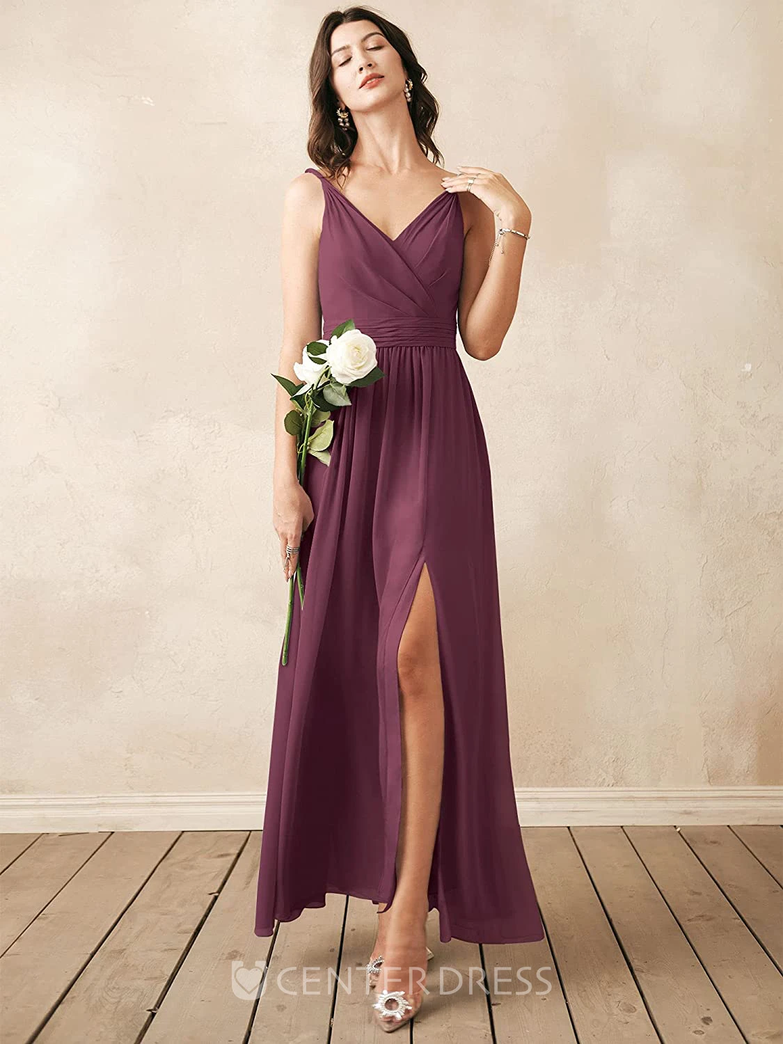 Sexy Chiffon Ankle-length V-neck A Line Sleeveless Bridesmaid Dress With Ruching