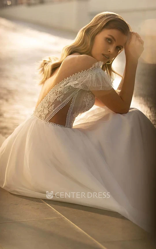 Romantic V-neck A Line Lace Court Train Spring Wedding Dress with Appliques