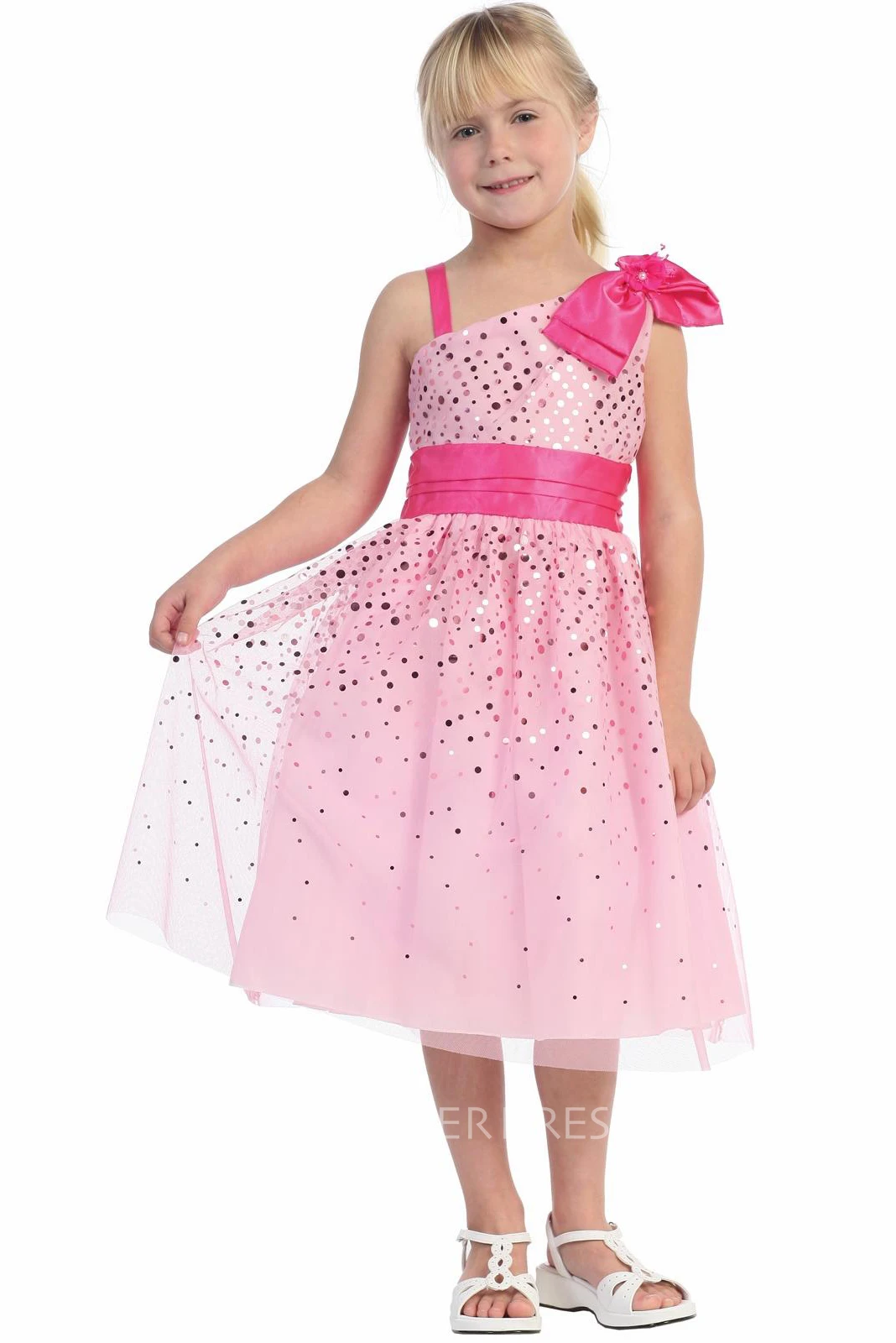 Floral Tea-Length Floral Bowed Tulle&Satin Flower Girl Dress With Sash