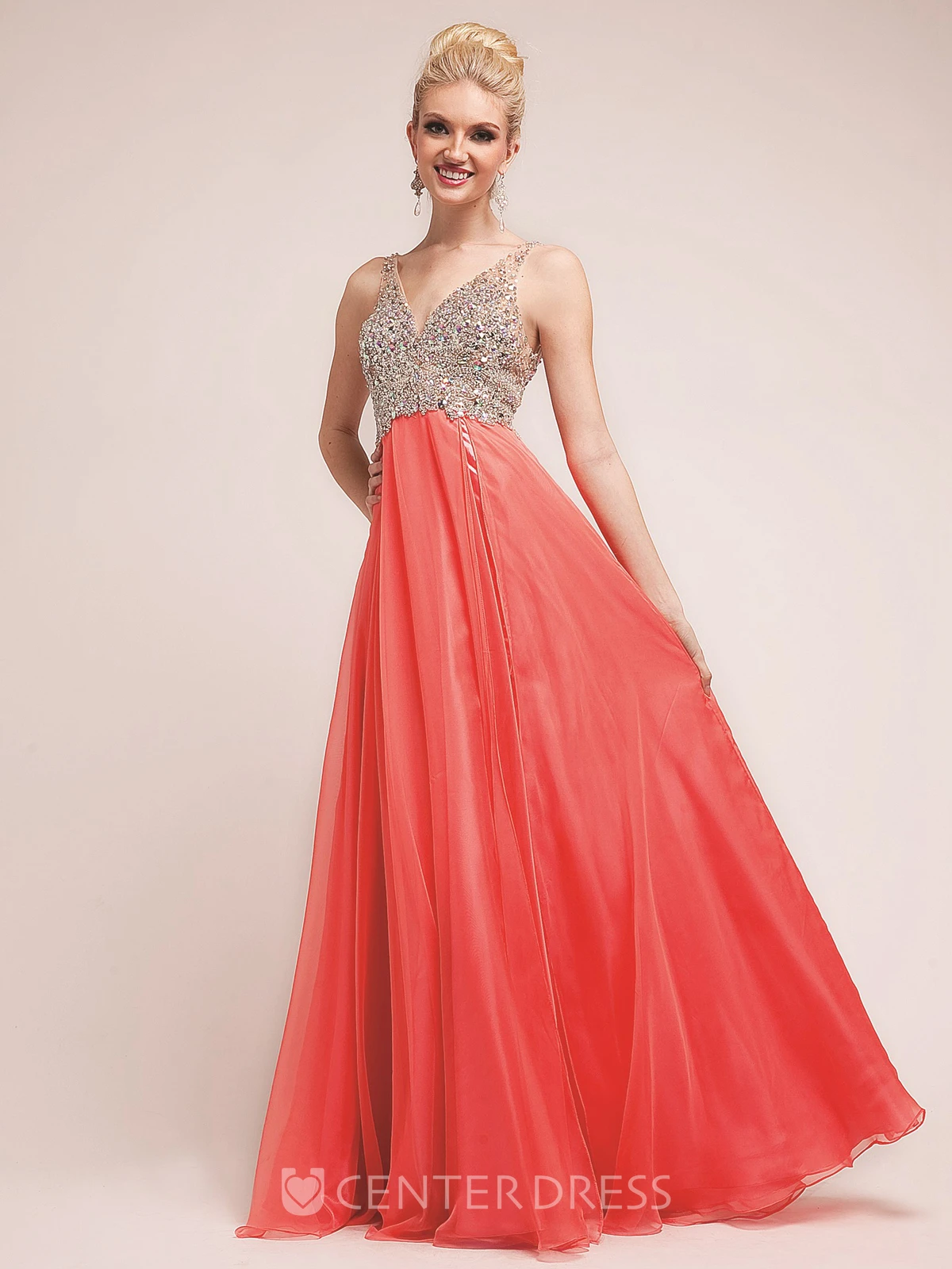 A-Line Long V-Neck Sleeveless Empire Deep-V Back Dress With Beading