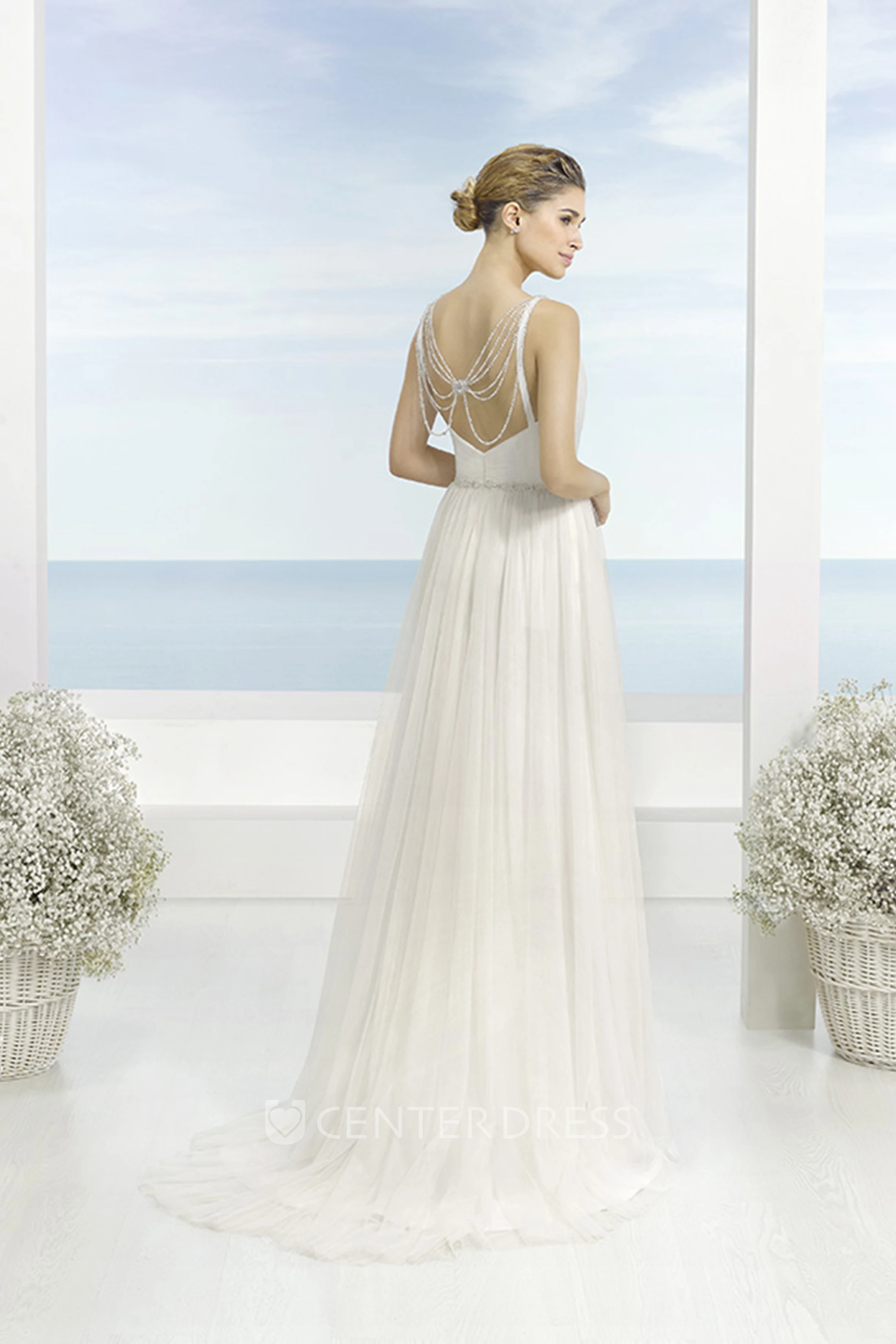 A-Line Long V-Neck Sleeveless Ruched Tulle Wedding Dress With Waist Jewellery And Low-V Back
