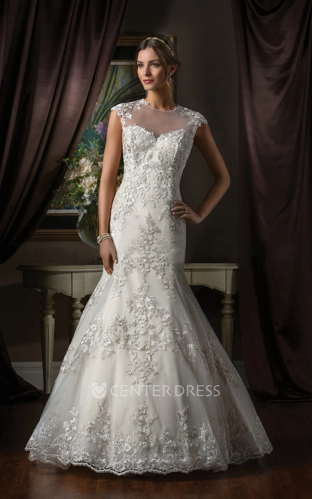 High-Neck Cap-Sleeved Mermaid Gown With Appliques And Illusion Back