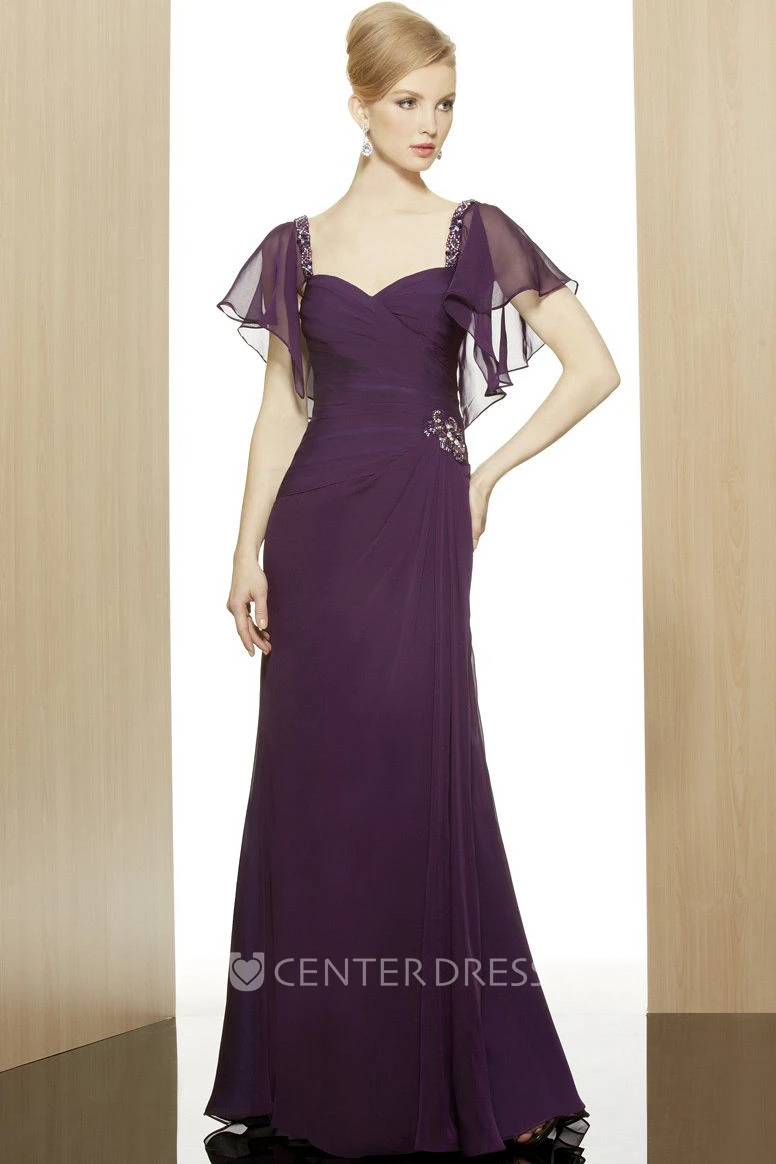 Sheath Poet-Short-Sleeve Beaded Long Sweetheart Chiffon Formal Dress With Zipper Back And Side Draping