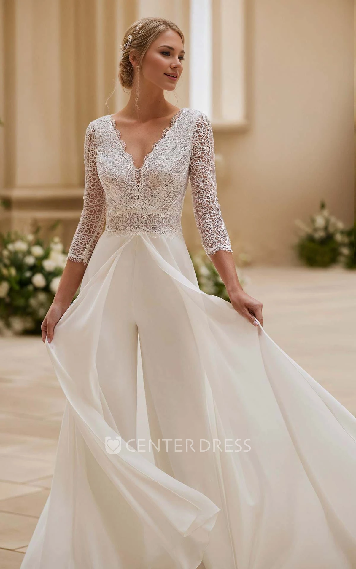 Vintage Romantic Jumpsuit A-Line Plunging Neckline Chiffon Lace Spring Wedding Dress Elegant Garden Long Sleeve Floor-length Button Illusion Back Bridal Gown