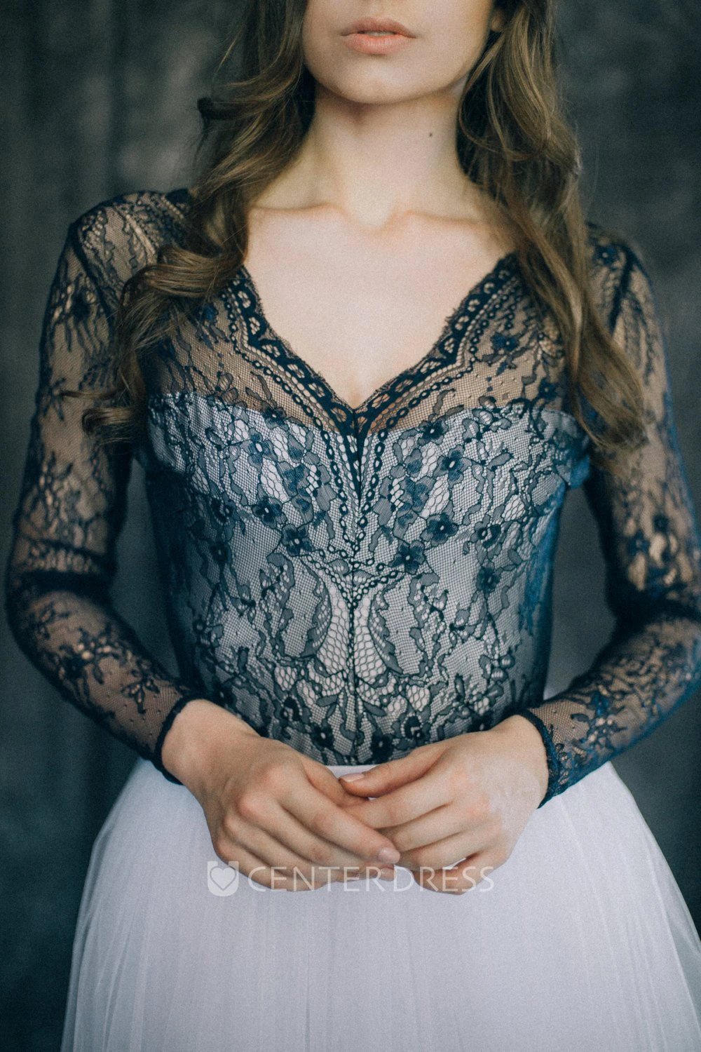 Sheath Long Sleeve Floor-length V-neck Illusion Back Low-V Back Lace Black Wedding Dress