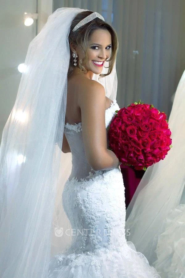 Mermaid Trumpet Sweetheart Organza Lace Deep-V Back Wedding Gown