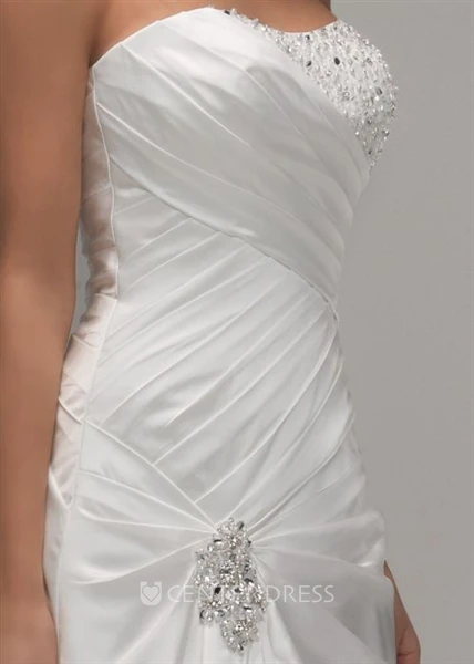 A-Line Strapless Beaded Maxi Satin Warm Wedding Dress With Criss Cross And Broach