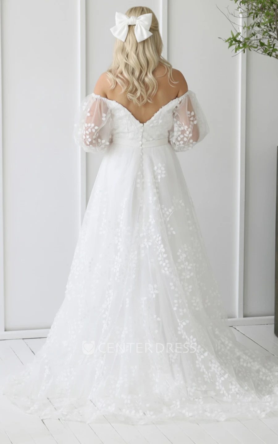 Ethereal A-Line Off Shoulder Bridal Gown with Puffy Sleeves and Floral Lace for Garden Ceremony