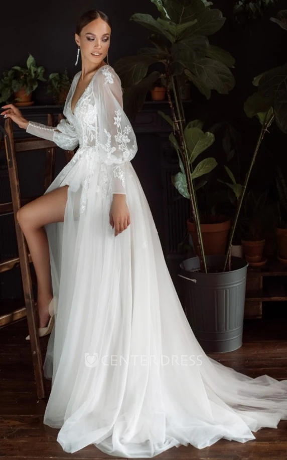 Ethereal A-Line Tulle V-neck Winter Wedding Dress with Appliques and Split Front
