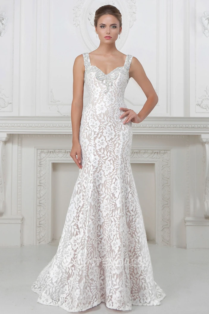 Sheath Long Sleeveless V-Neck Beaded Lace&Satin Wedding Dress