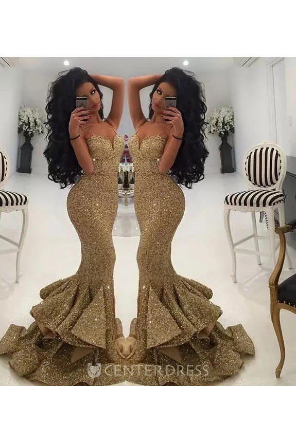 Sexy Floor-length Sleeveless Straps Neck Sweetheart Mermaid Trumpet Sequins Beading Sequins Evening Dress