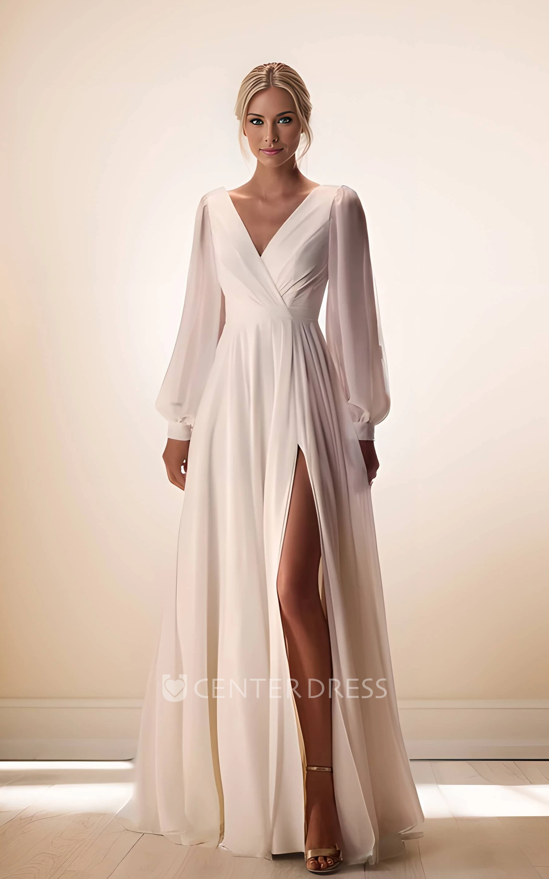 Flowy Modest V-Neck A-Line Long Sleeve Summer Maxi Wedding Dress Casual Minimalist Ruching Low Back Slit Reception Vow Renewal Dress for Bride