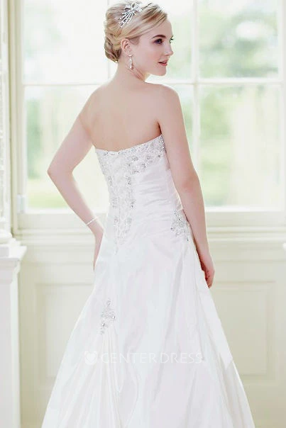 A-Line Sweetheart Beaded Taffeta Wedding Dress With Ruching And Lace Up