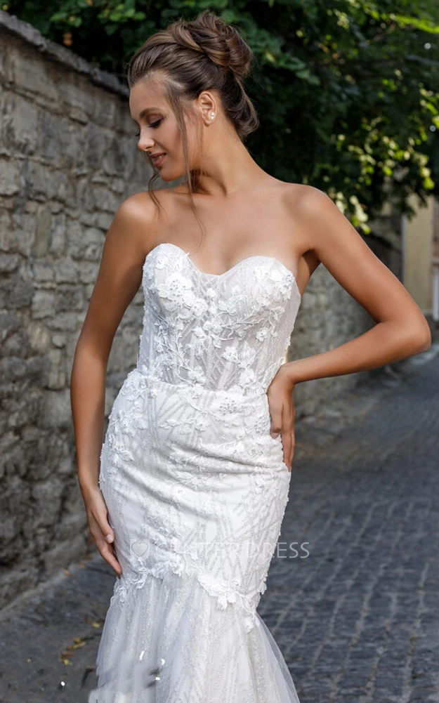 Casual Mermaid Sweetheart Tulle and Lace Wedding Dress with Appliques