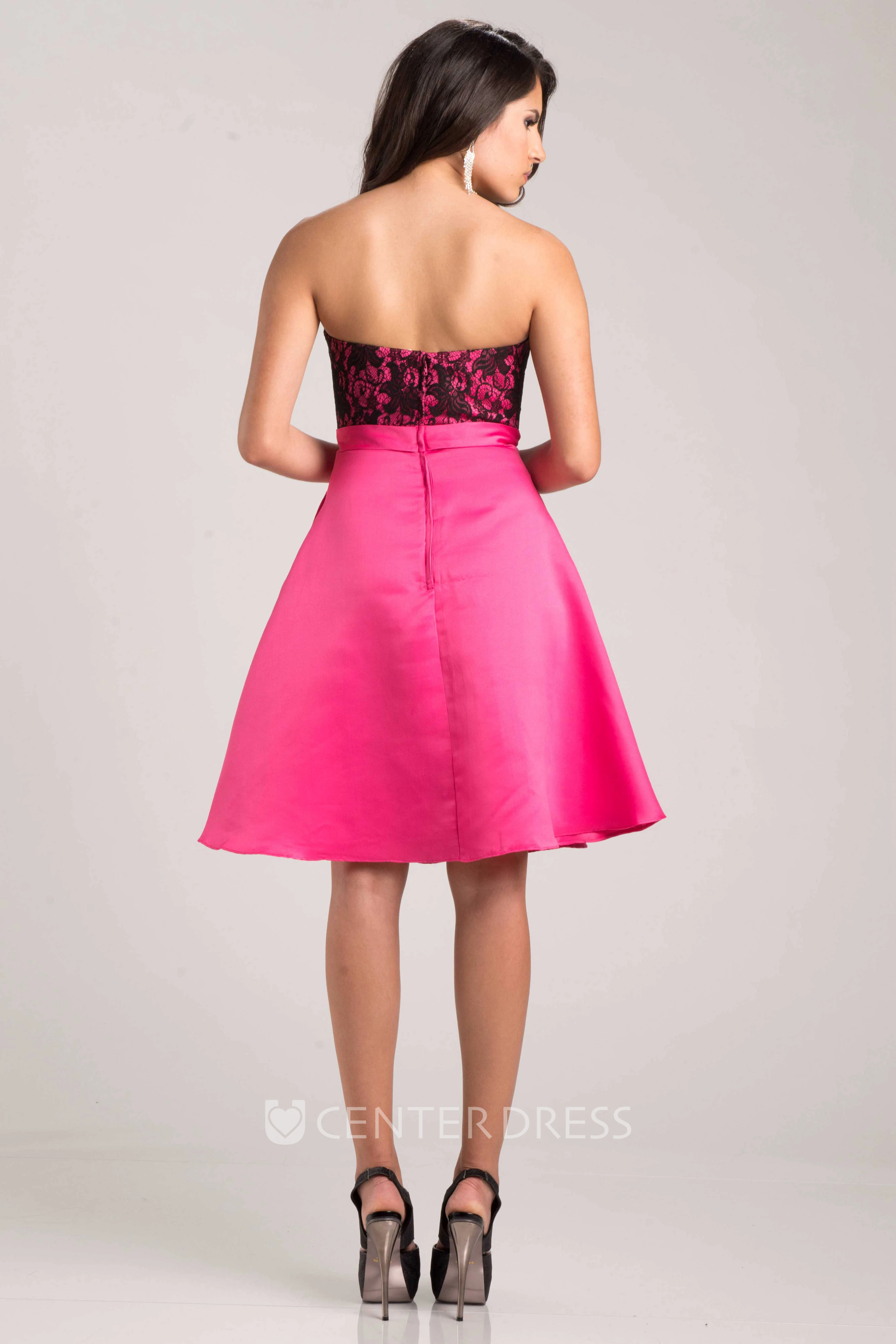 Knee Length Sweetheart A-Line Satin Bridesmaid Dress With Lace Bust