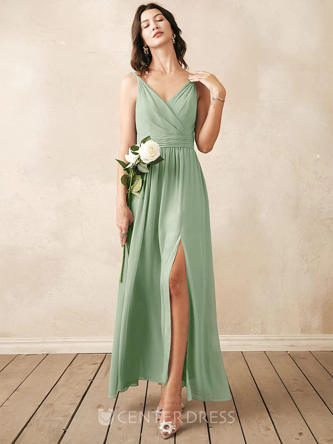 Romantic Chiffon Ankle-length V-neck A Line Sleeveless Bridesmaid Dress With Ruching