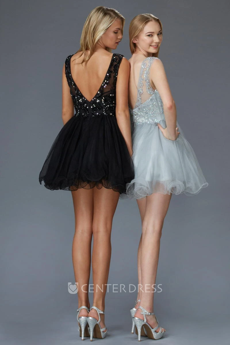A-Line Mini Bateau Sleeveless Tulle Low-V Back Dress With Sequins And Beading