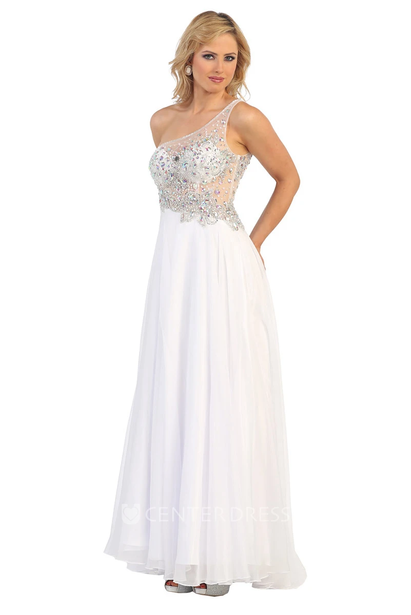 A-Line Long One-Shoulder Sleeveless Illusion Dress With Beading And Pleats