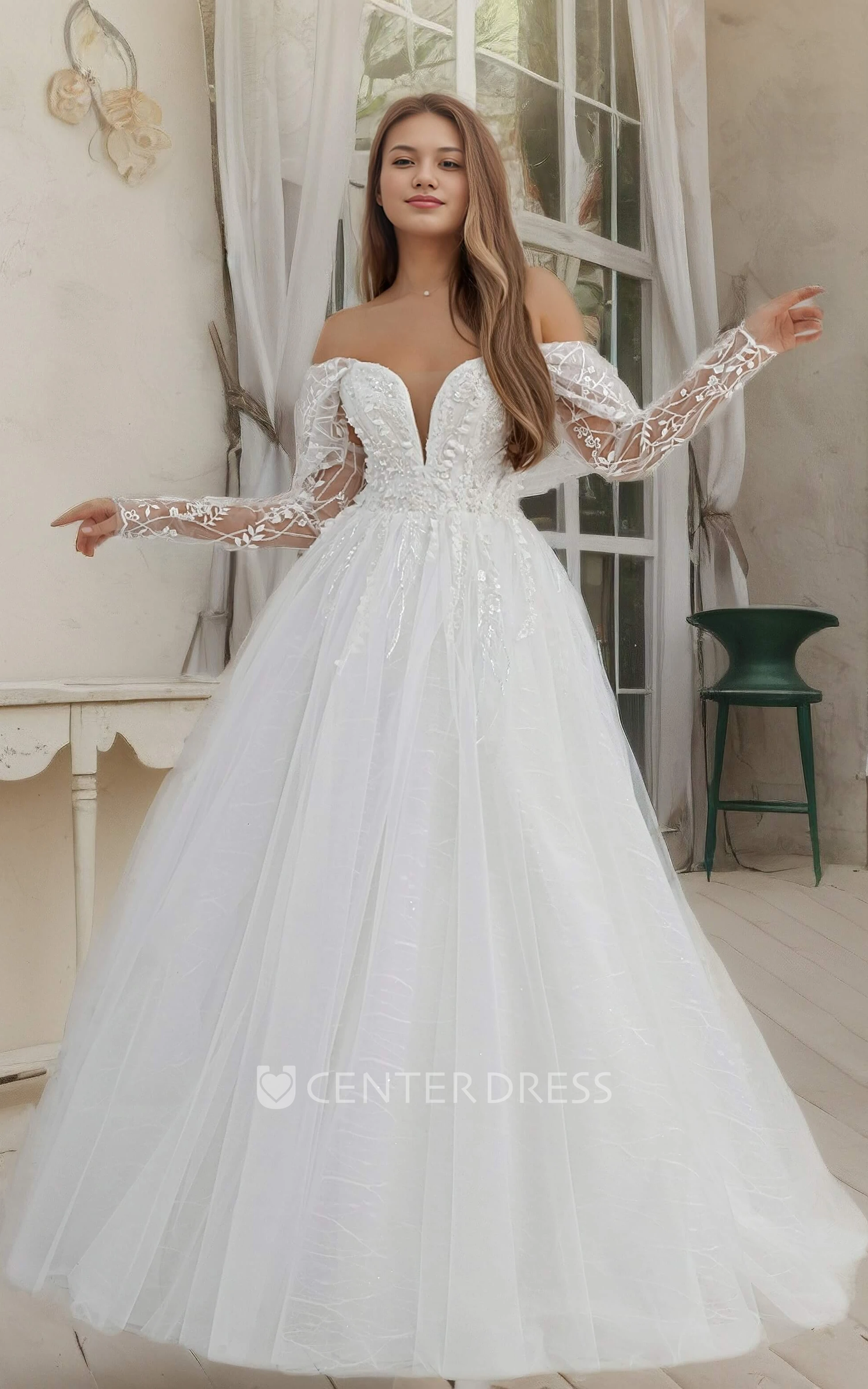 Romantic Floral A-Line Off the Shoulder Boho Lace Removable Sleeve Wedding Dress Sexy Princess Beaded Aplliques Floor Length Ball Gown