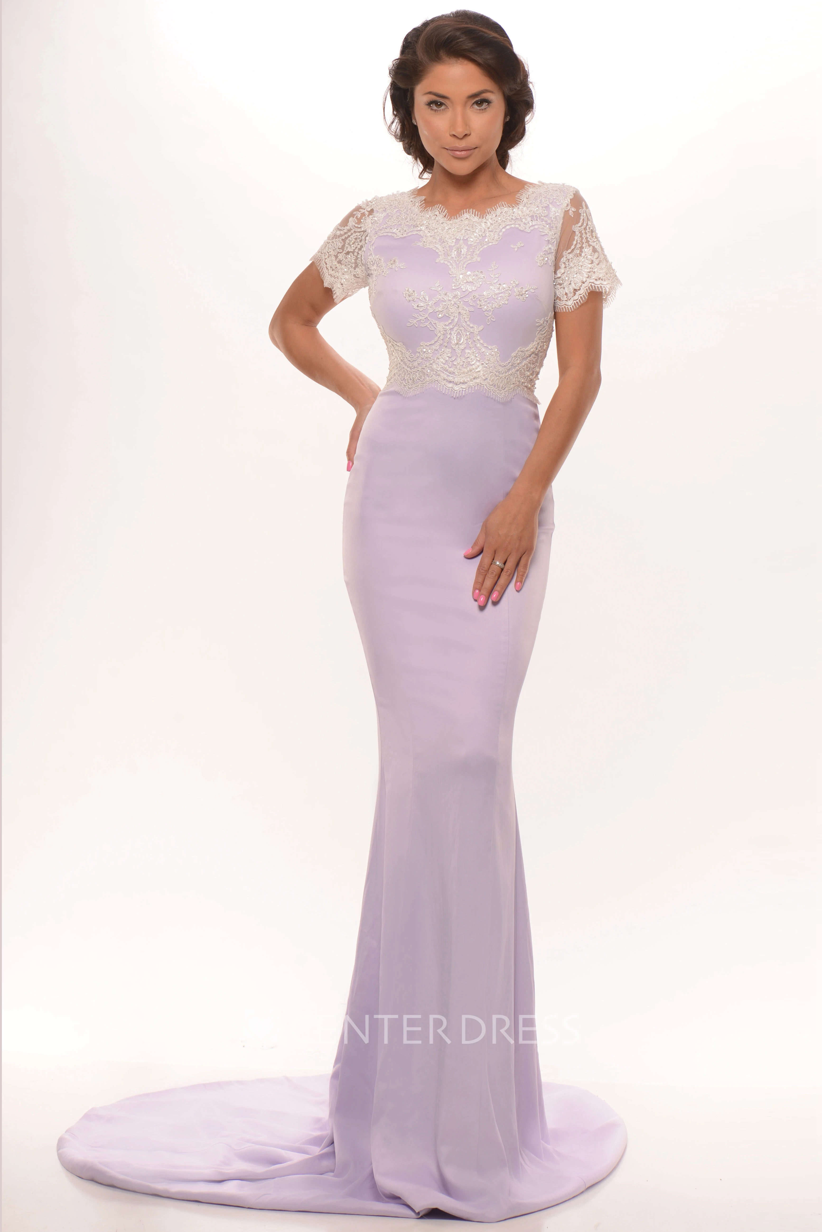 Sheath Short Sleeve Scoop Neck Appliqued Jersey Prom Dress
