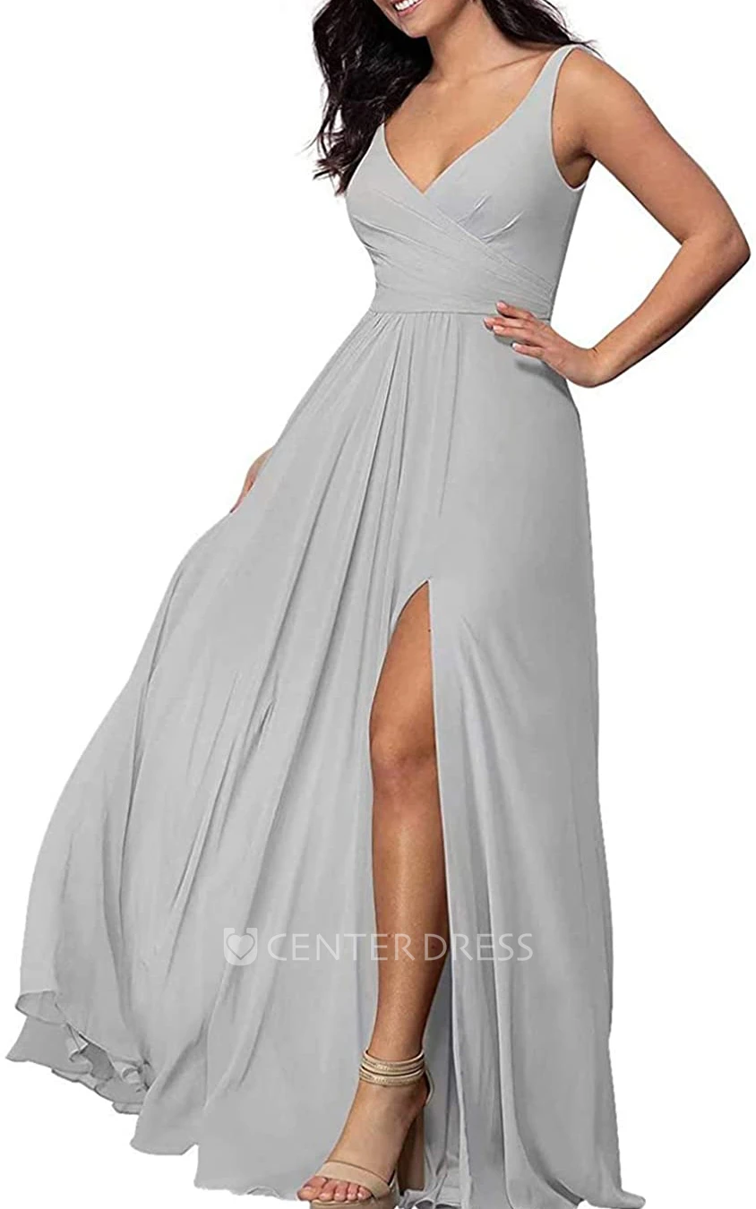 Chiffon Floor-length V-neck A Line Sleeveless Bridesmaid Dress With Criss Split Front