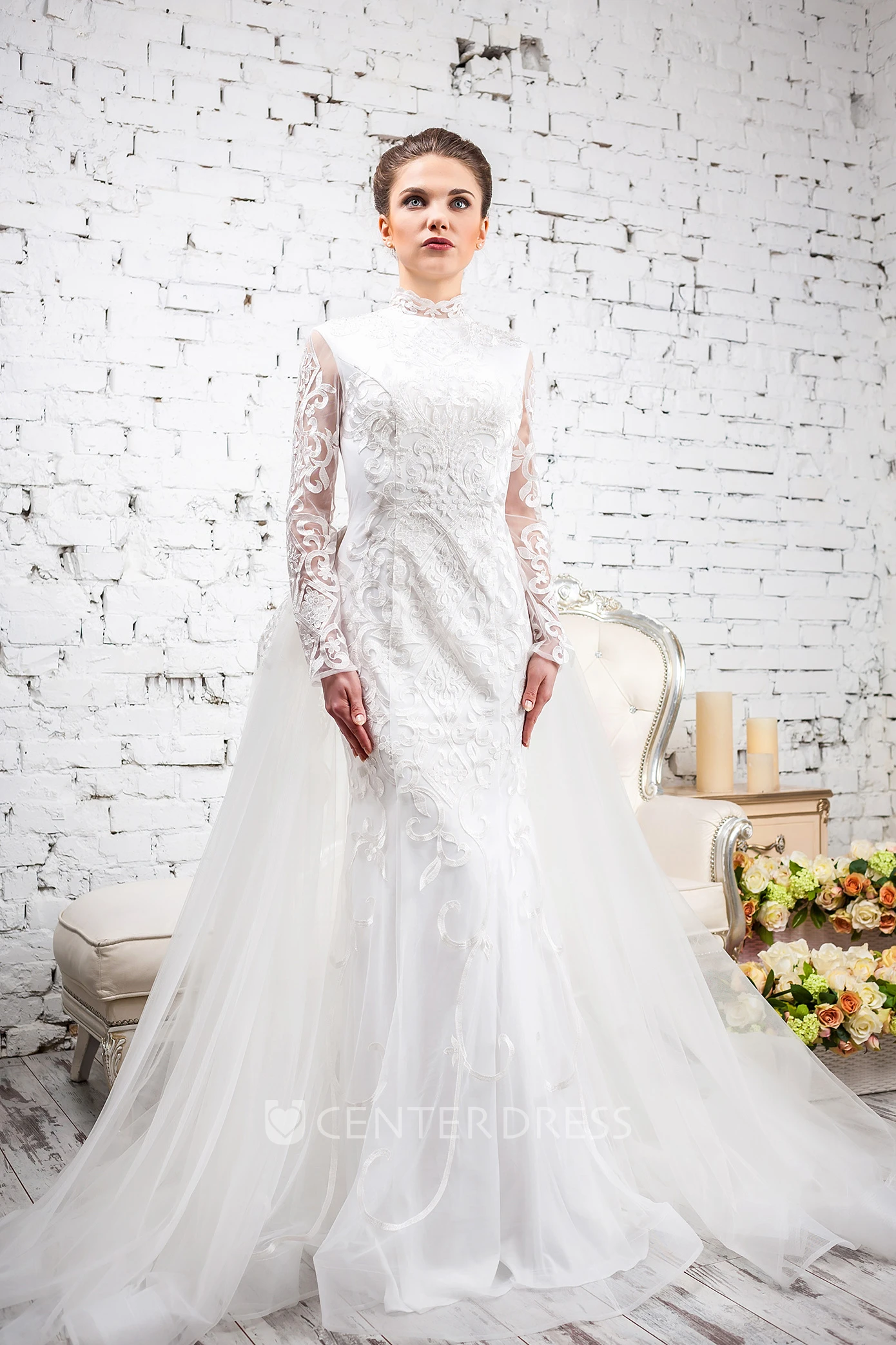 Sheath High Neck Floor-Length Long-Sleeve Lace&Tulle Wedding Dress With Appliques