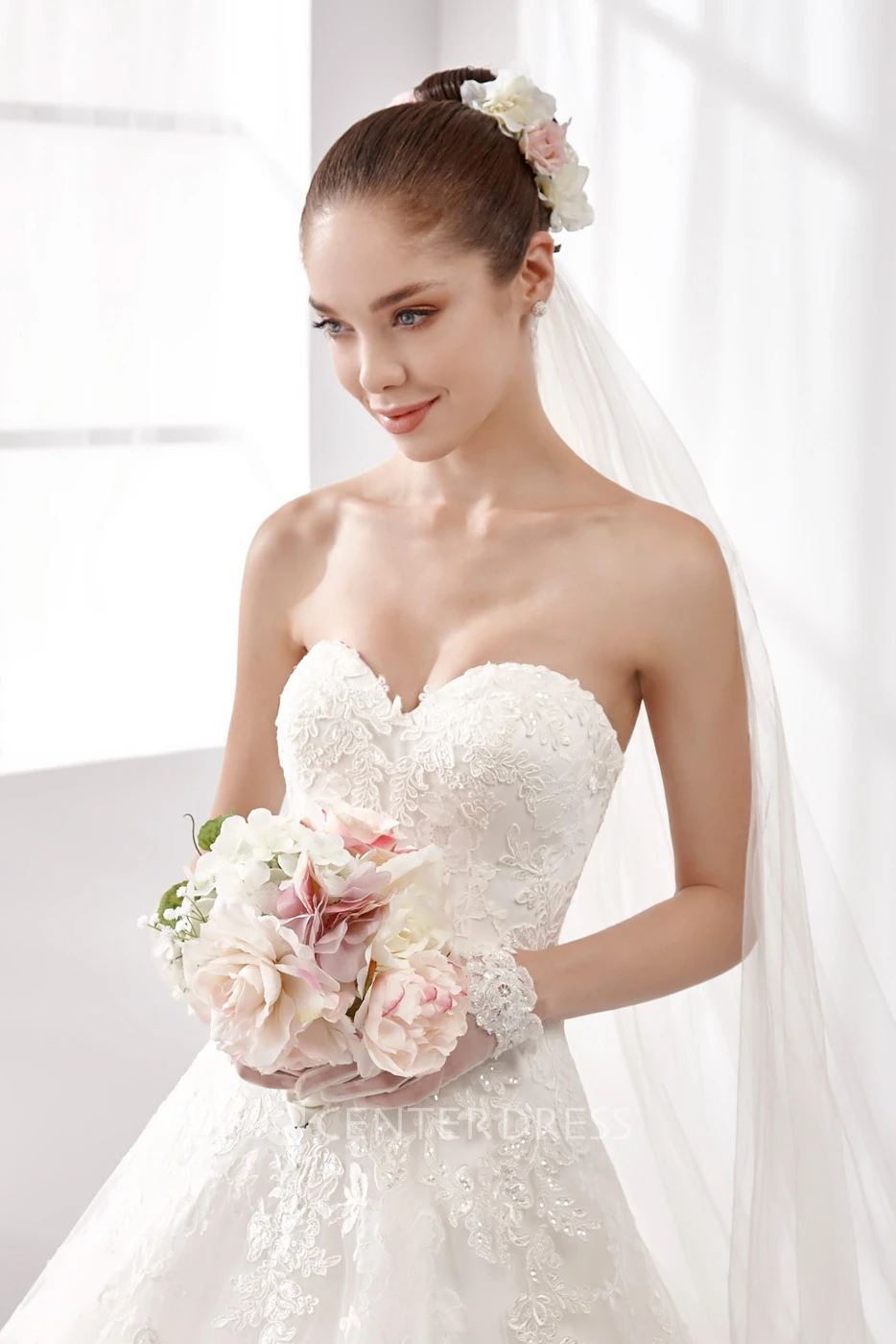 Sweetheart Lace A-Line Gown With Beaded Lace Appliques And Brush Train