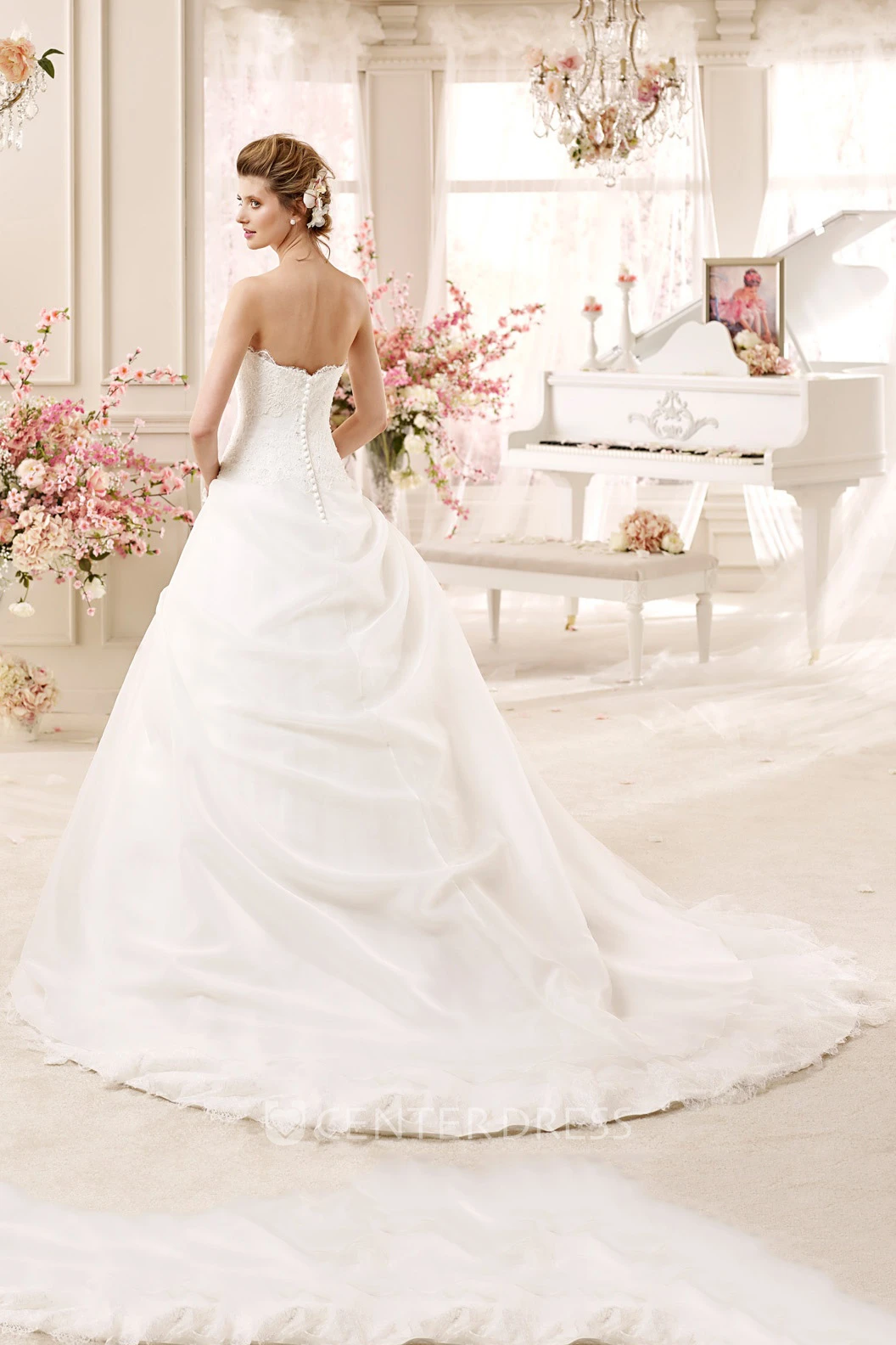 Strapless A-line Wedding Gown with Asymmetrical Overlayer and Flower